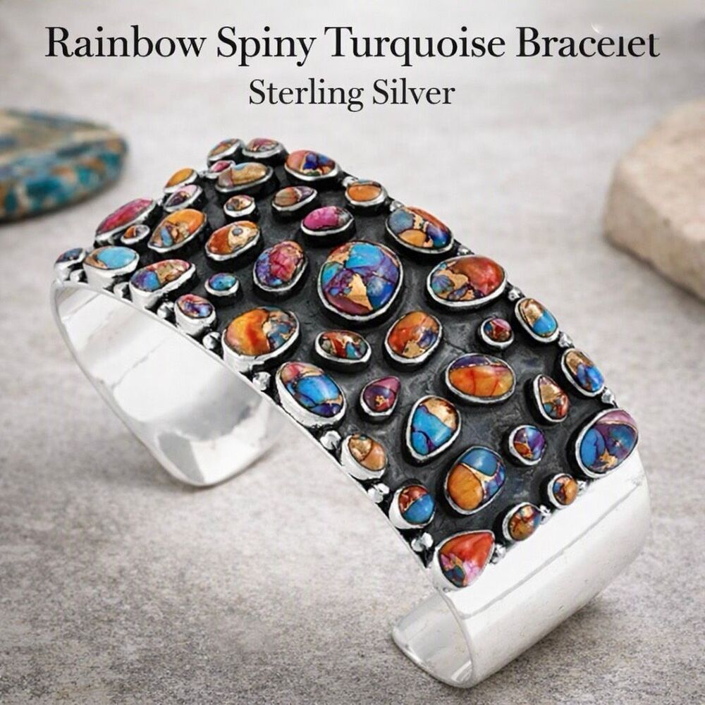 Rainbow Spiny Turquoise Sterling Silver Cuff Bracelet Vibrant Multicolor Design